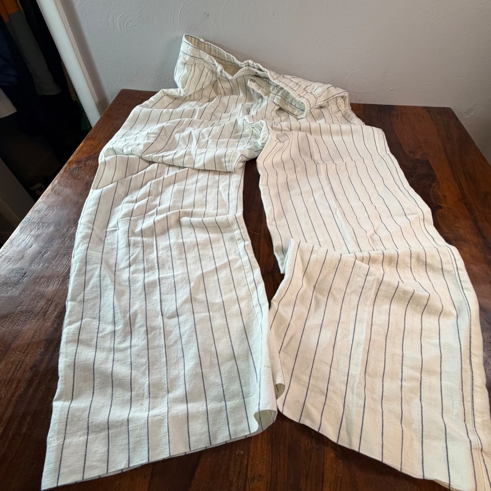 Gap Womens 14 Tall Linen Cotton Striped Wide Leg Pants Cream Navy Blue Coastal